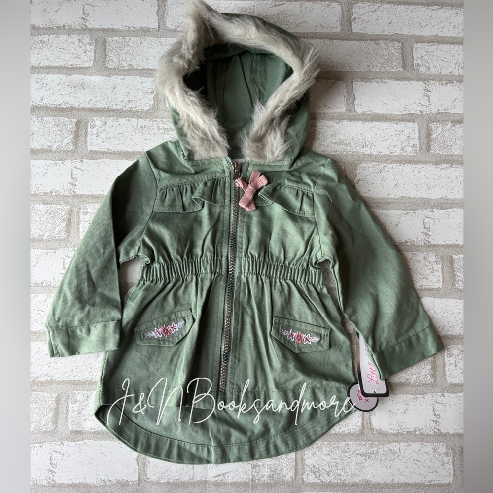 NWT Little Lass Girls Green Floral Embroidered Faux Fur Hooded Jacket Size 12M